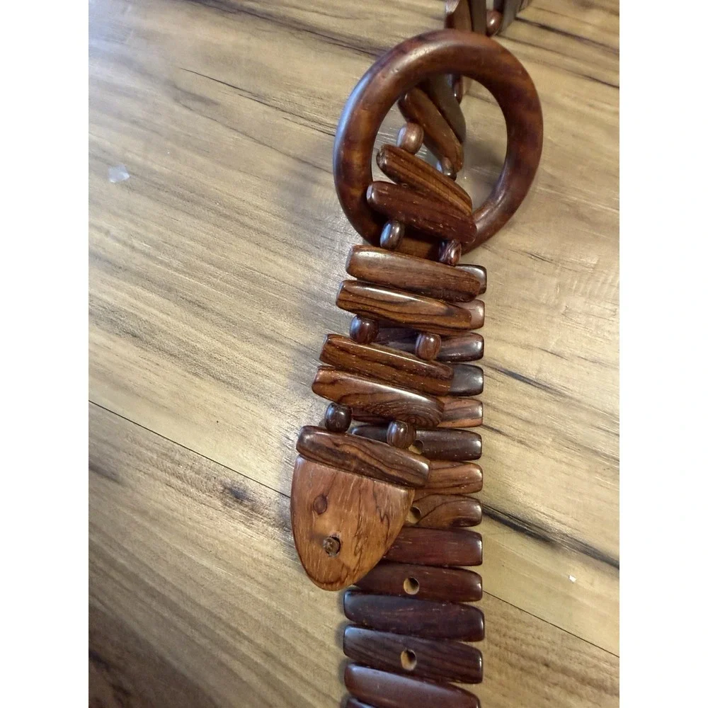 Vintage Wooden Tile Belt Boho Artisan Adjustable Wood Link Belt 38